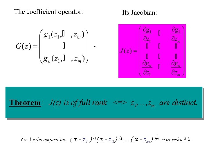 The coefficient operator: Its Jacobian: , Theorem: J(z) is of full rank <=> z The coefficient operator: Its Jacobian: , Theorem: J(z) is of full rank <=> z