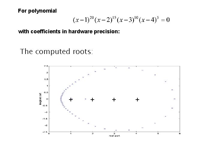 For polynomial with coefficients in hardware precision: The computed roots: + + For polynomial with coefficients in hardware precision: The computed roots: + +
