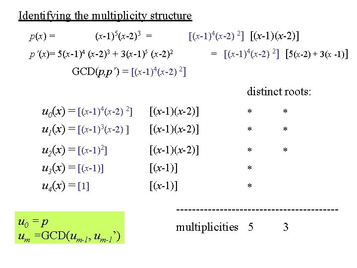 Identifying the multiplicity structure p(x) = [(x-1)4(x-2) 2] [(x-1)(x-2)] (x-1)5(x-2)3 = = [(x-1)4(x-2) 2]