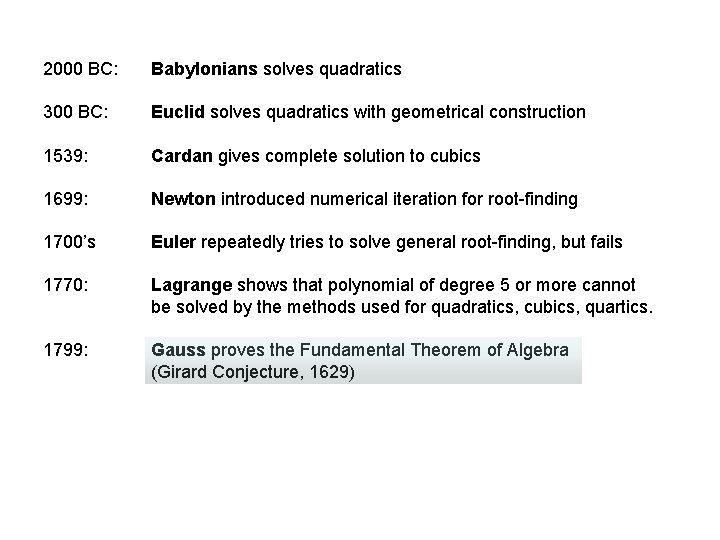 2000 BC: Babylonians solves quadratics 300 BC: Euclid solves quadratics with geometrical construction 1539: 2000 BC: Babylonians solves quadratics 300 BC: Euclid solves quadratics with geometrical construction 1539: