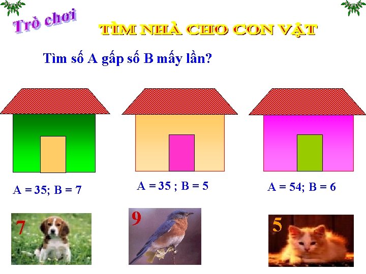 Tìm số A gấp số B mấy lần? A = 35; B = 7