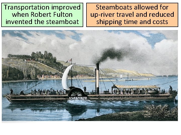 Transportation improved when Robert Fulton invented the steamboat Steamboats allowed for up-river travel and