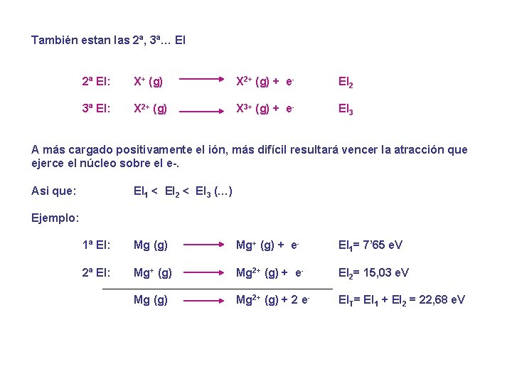 También estan las 2ª, 3ª… EI 2ª EI: X+ (g) X 2+ (g) +