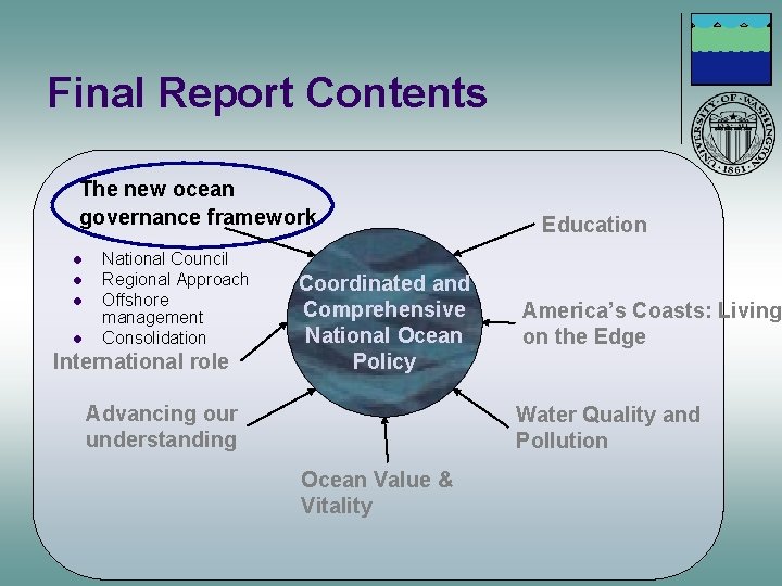 Final Report Contents The new ocean governance framework l l National Council Regional Approach