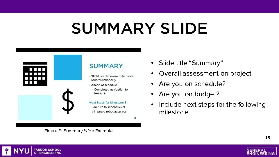 SUMMARY SLIDE • • • Slide title “Summary” Overall assessment on project Are you