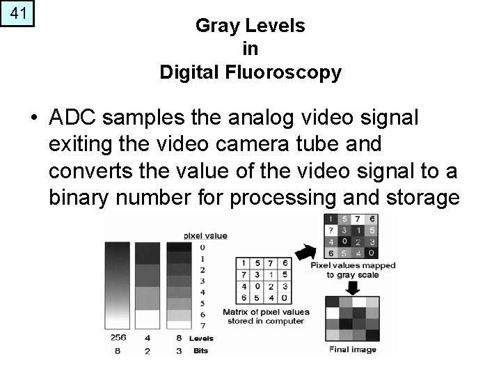 41 Gray Levels in Digital Fluoroscopy • ADC samples the analog video signal exiting