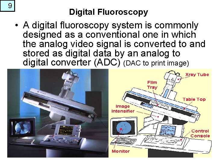 9 Digital Fluoroscopy • A digital fluoroscopy system is commonly designed as a conventional