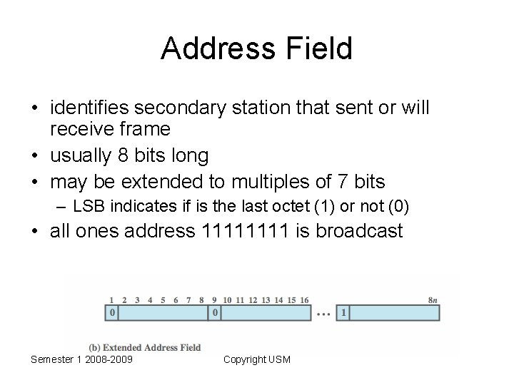 Address Field • identifies secondary station that sent or will receive frame • usually