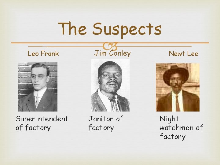 The Suspects Jim Conley Leo Frank Superintendent of factory Janitor of factory Newt Lee