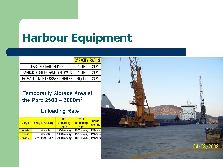 Harbour Equipment Temporarily Storage Area at the Port: 2500 – 3000 m 2 Unloading