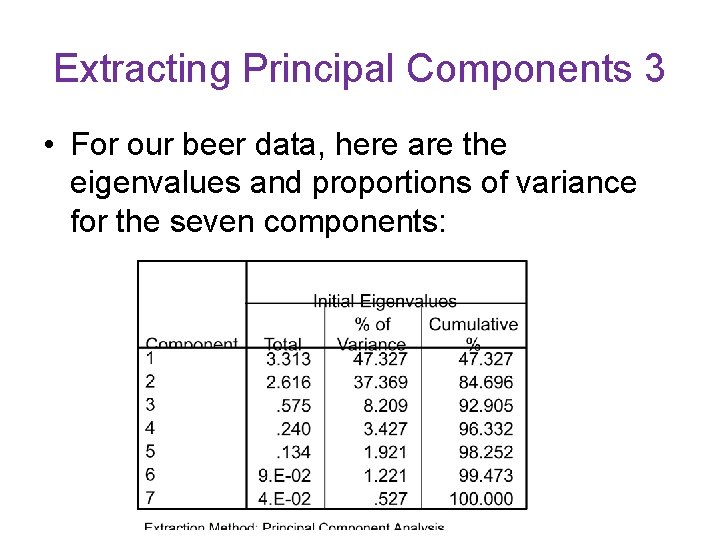Extracting Principal Components 3 • For our beer data, here are the eigenvalues and