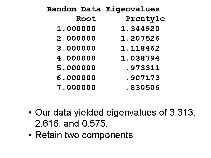 Random Data Eigenvalues Root Prcntyle 1. 000000 1. 344920 2. 000000 1. 207526 3.