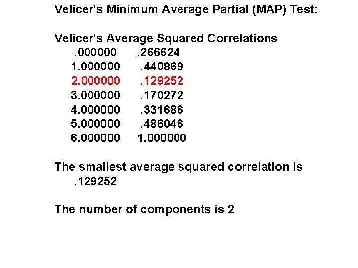 Velicer's Minimum Average Partial (MAP) Test: Velicer's Average Squared Correlations . 000000 . 266624 Velicer's Minimum Average Partial (MAP) Test: Velicer's Average Squared Correlations . 000000 . 266624