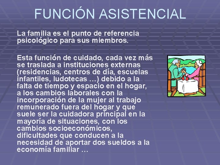 FUNCIÓN ASISTENCIAL La familia es el punto de referencia psicológico para sus miembros. Esta