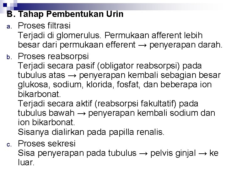 B. Tahap Pembentukan Urin a. Proses filtrasi Terjadi di glomerulus. Permukaan afferent lebih besar