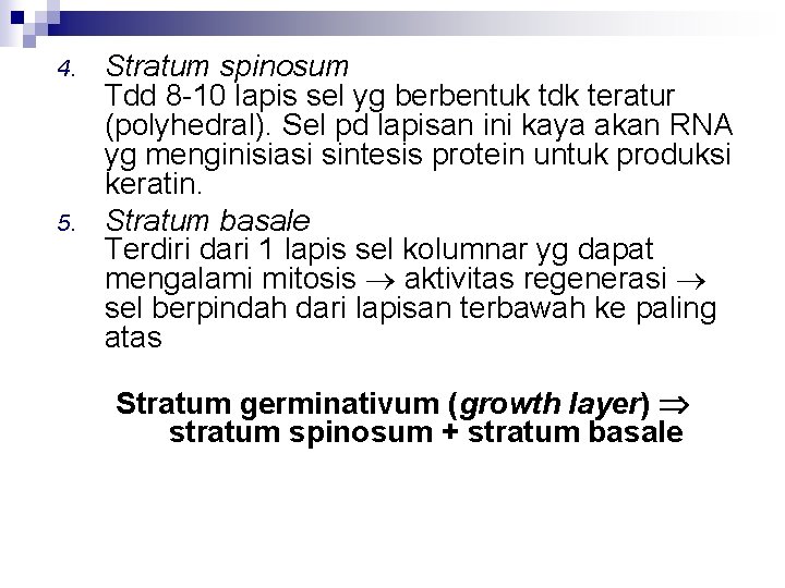 4. 5. Stratum spinosum Tdd 8 -10 lapis sel yg berbentuk tdk teratur (polyhedral).