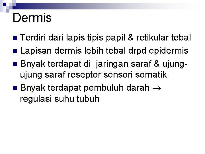 Dermis Terdiri dari lapis tipis papil & retikular tebal n Lapisan dermis lebih tebal