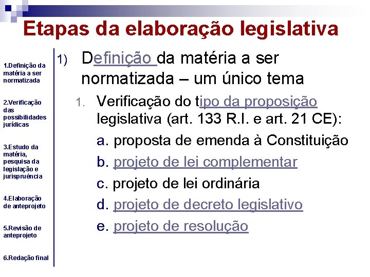 Etapas da elaboração legislativa 1. Definição da matéria a ser normatizada 2. Verificação das