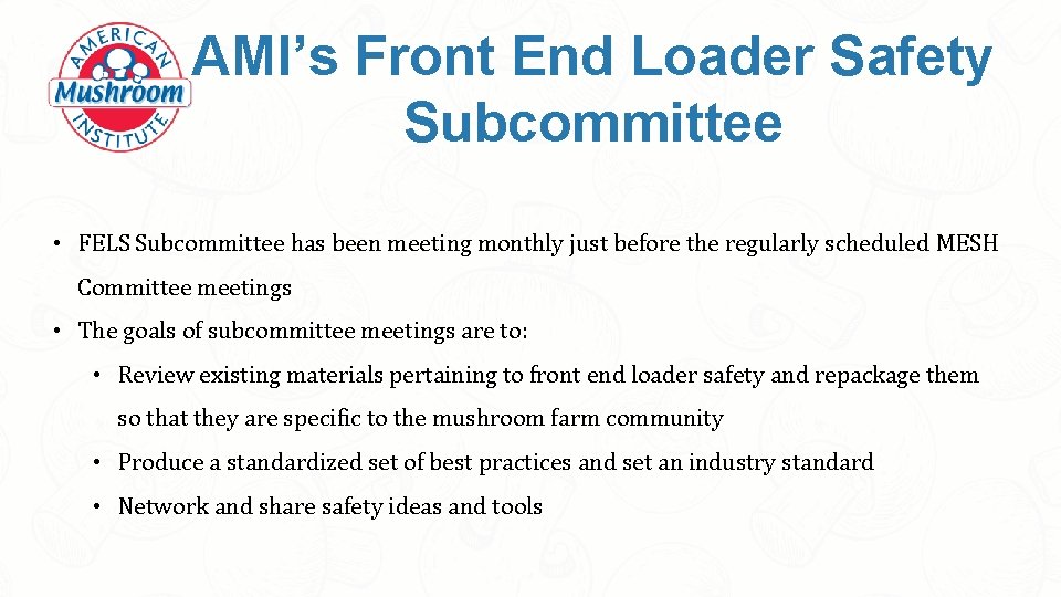 AMI’s Front End Loader Safety Subcommittee • FELS Subcommittee has been meeting monthly just