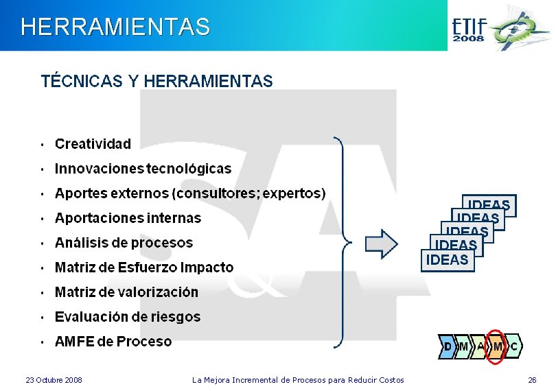 HERRAMIENTAS 23 Octubre 2008 La Mejora Incremental de Procesos para Reducir Costos 26 