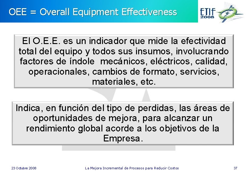 OEE = Overall Equipment Effectiveness El O. E. E. es un indicador que mide