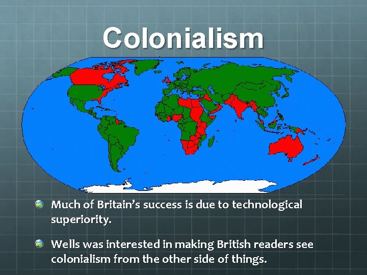 Colonialism Much of Britain’s success is due to technological superiority. Wells was interested in Colonialism Much of Britain’s success is due to technological superiority. Wells was interested in