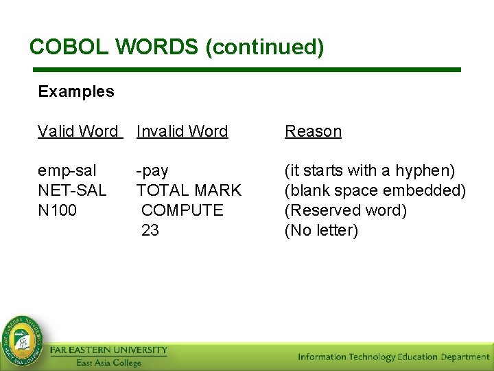 COBOL WORDS (continued) Examples Valid Word Invalid Word Reason emp-sal NET-SAL N 100 -pay