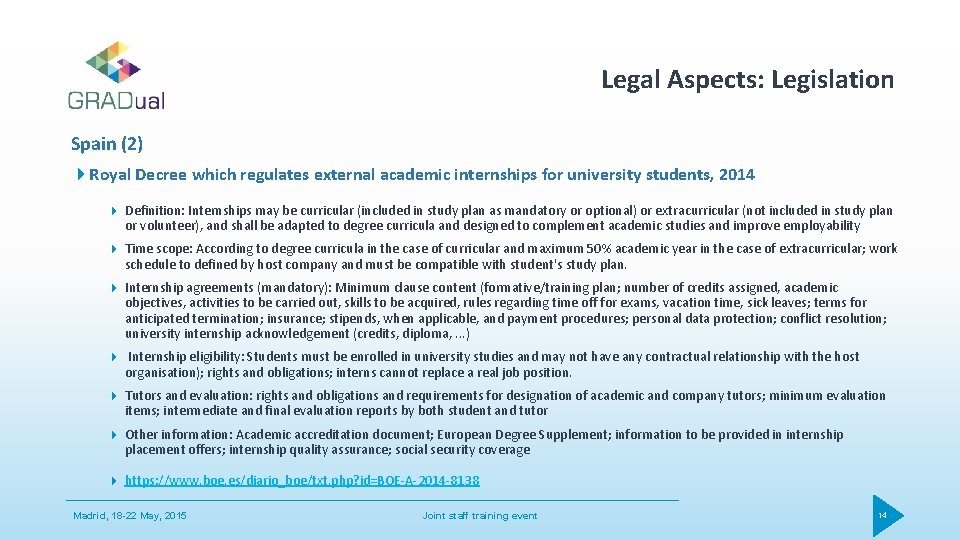 Legal Aspects: Legislation Spain (2) Royal Decree which regulates external academic internships for university
