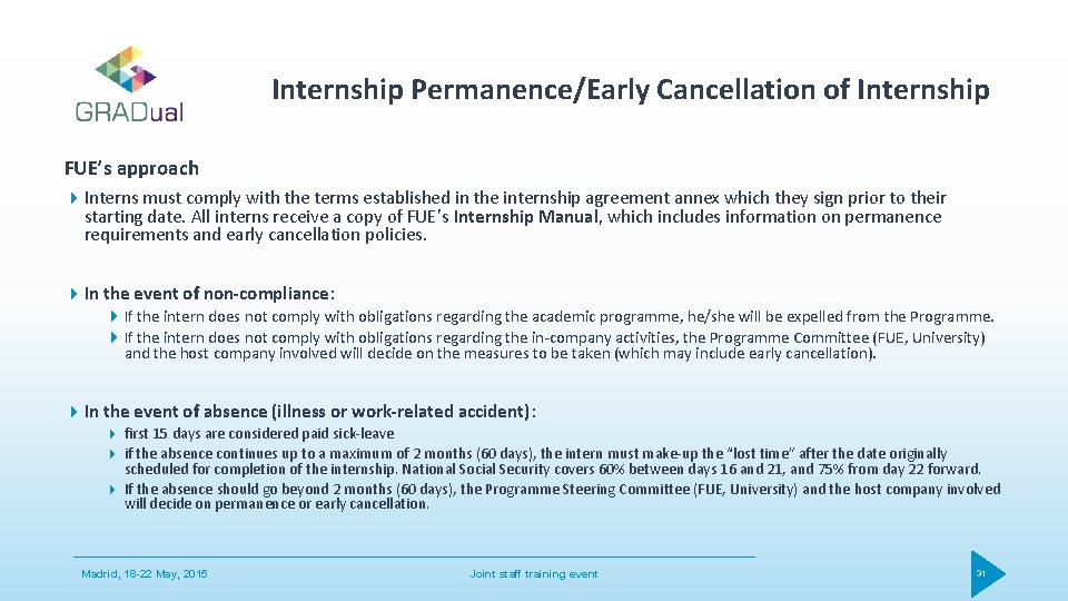 Internship Permanence/Early Cancellation of Internship FUE’s approach Interns must comply with the terms established
