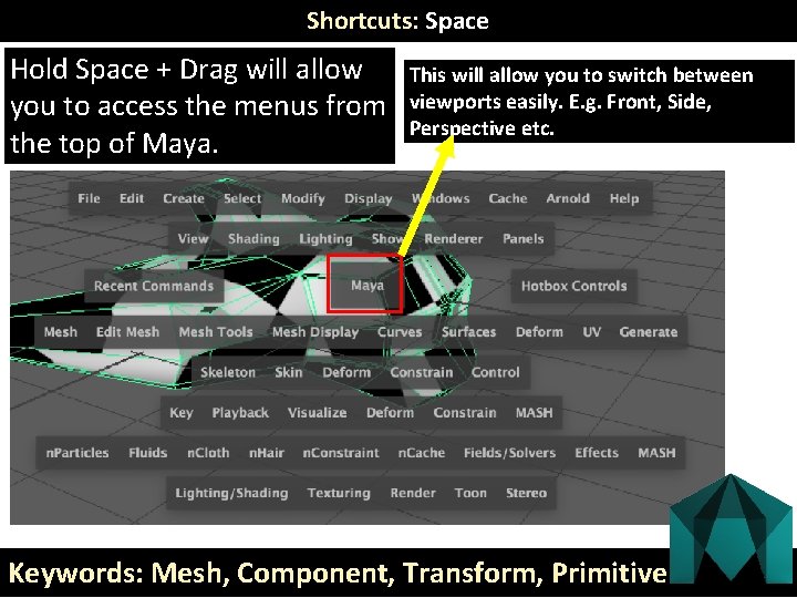 Shortcuts: Space Hold Space + Drag will allow you to access the menus from