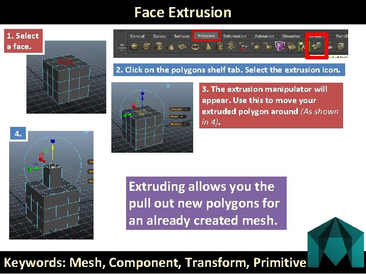 Face Extrusion 1. Select a face. 2. Click on the polygons shelf tab. Select