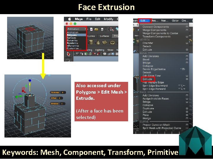 Face Extrusion Also accessed under Polygons > Edit Mesh > Extrude. (After a face