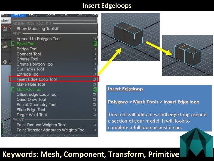 Insert Edgeloops Insert Edgeloop Polygons > Mesh Tools > Insert Edge loop This tool