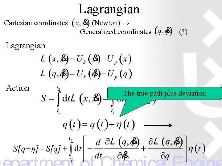 Lagrangian Cartesian coordinates (Newton) → Generalized coordinates (? ) Lagrangian Action S[q+η]= S[q] The