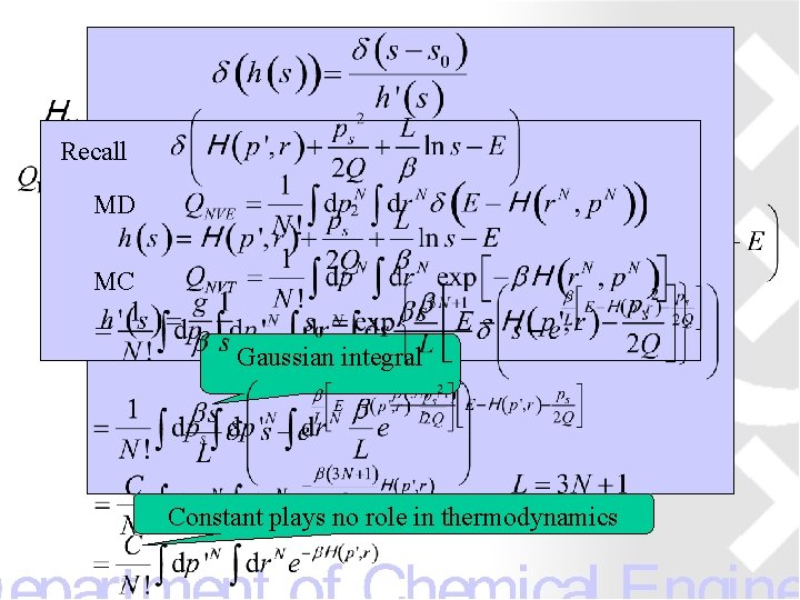 Nosé and thermodynamics Recall MD MC Gaussian integral Constant plays no role in thermodynamics