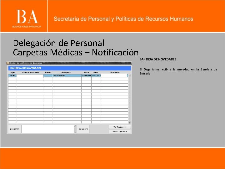 Delegación de Personal Carpetas Médicas – Notificación BANDEJA DE NOVEDADES El Organismo recibirá la