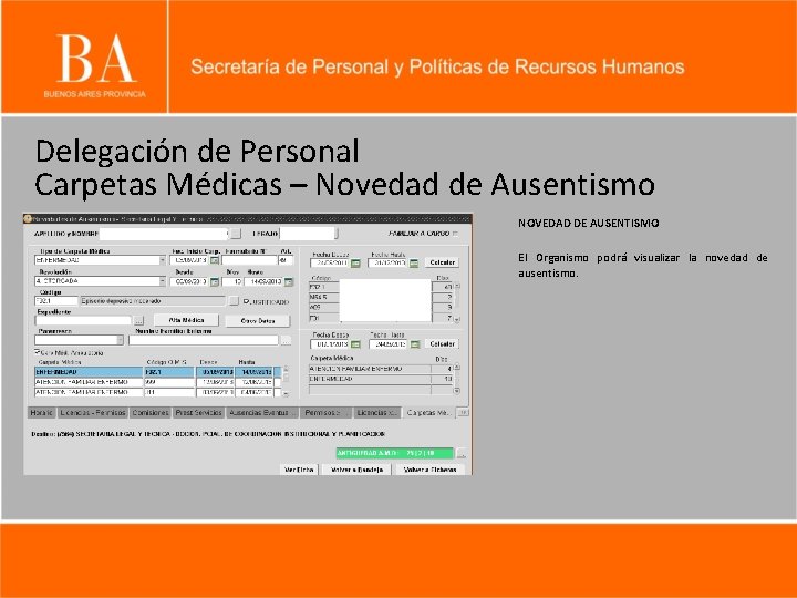 Delegación de Personal Carpetas Médicas – Novedad de Ausentismo NOVEDAD DE AUSENTISMO El Organismo