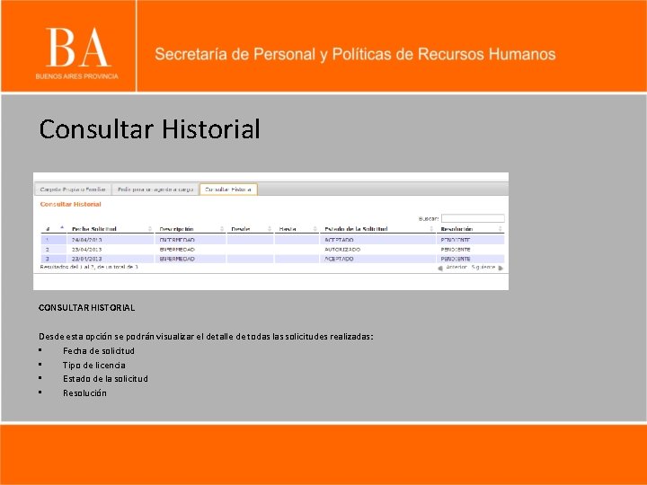 Consultar Historial CONSULTAR HISTORIAL Desde esta opción se podrán visualizar el detalle de todas