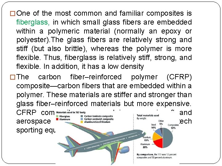 � One of the most common and familiar composites is fiberglass, in which small