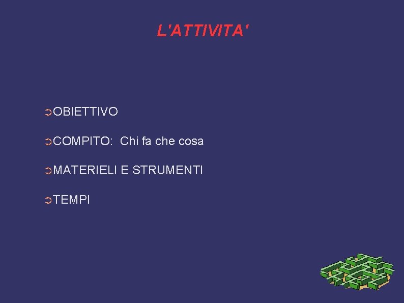 L'ATTIVITA' ➲OBIETTIVO ➲COMPITO: Chi fa che cosa ➲MATERIELI E STRUMENTI ➲TEMPI 