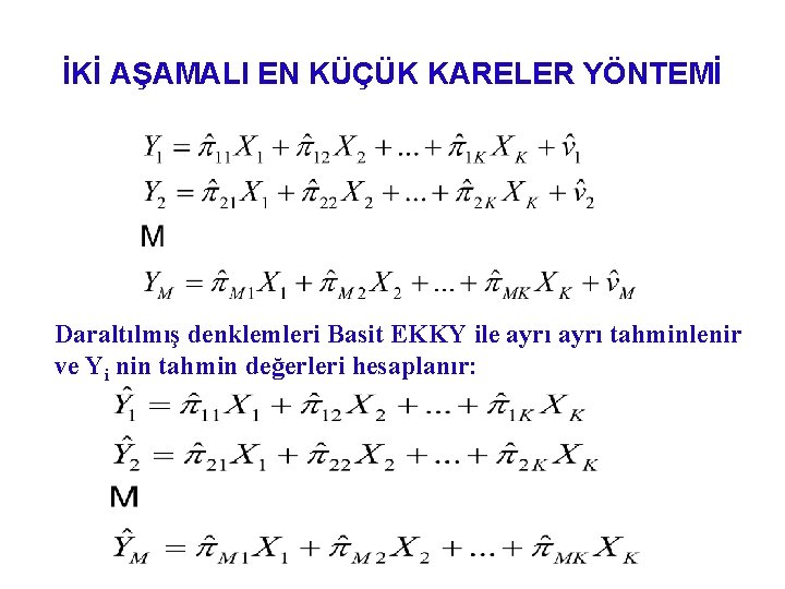 İKİ AŞAMALI EN KÜÇÜK KARELER YÖNTEMİ Daraltılmış denklemleri Basit EKKY ile ayrı tahminlenir ve