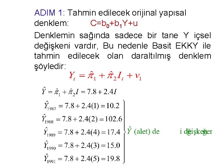 ADIM 1: Tahmin edilecek orijinal yapısal denklem: C=b 0+b 1 Y+u Denklemin sağında sadece