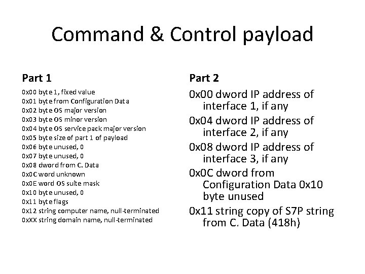 Command & Control payload Part 1 0 x 00 byte 1, fixed value 0