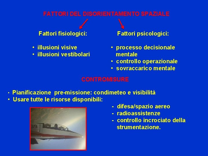 FATTORI DEL DISORIENTAMENTO SPAZIALE Fattori fisiologici: • illusioni visive • illusioni vestibolari Fattori psicologici: