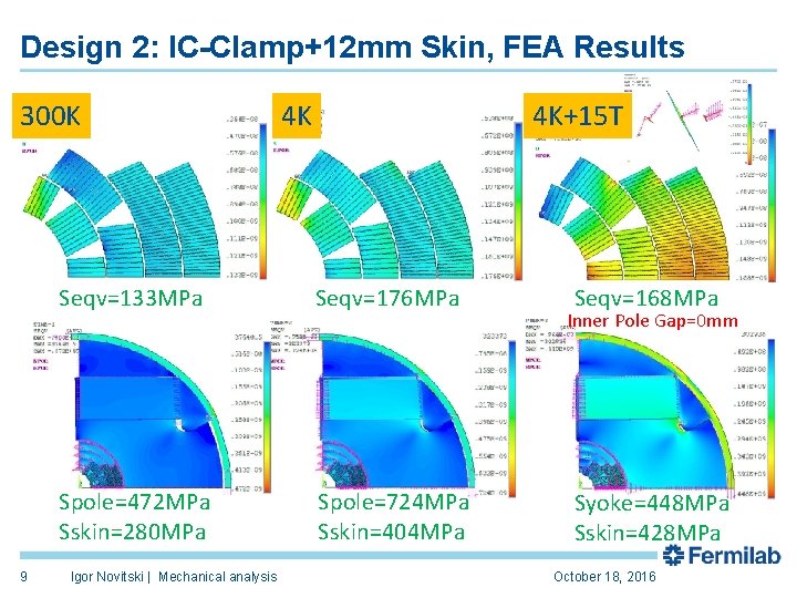 Design 2: IC-Clamp+12 mm Skin, FEA Results 300 K 9 4 K+15 T 4