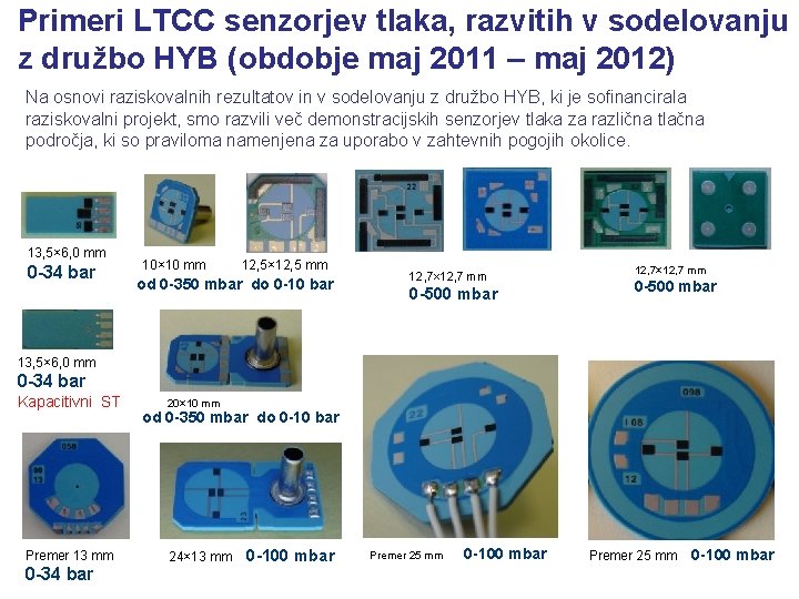 Primeri LTCC senzorjev tlaka, razvitih v sodelovanju z družbo HYB (obdobje maj 2011 –