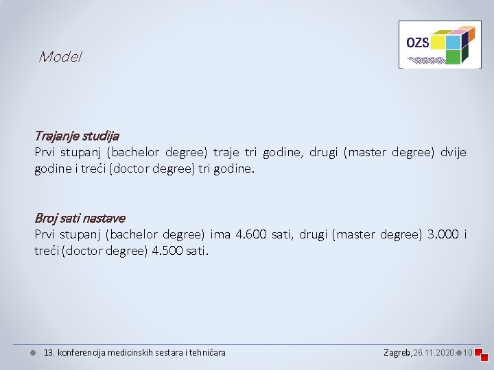 Model Trajanje studija Prvi stupanj (bachelor degree) traje tri godine, drugi (master degree) dvije Model Trajanje studija Prvi stupanj (bachelor degree) traje tri godine, drugi (master degree) dvije