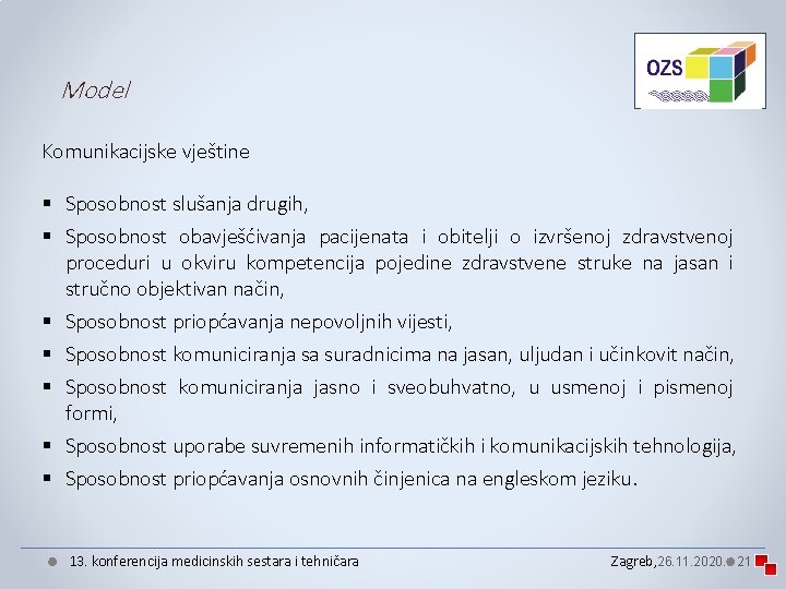 Model Komunikacijske vještine § Sposobnost slušanja drugih, § Sposobnost obavješćivanja pacijenata i obitelji o Model Komunikacijske vještine § Sposobnost slušanja drugih, § Sposobnost obavješćivanja pacijenata i obitelji o