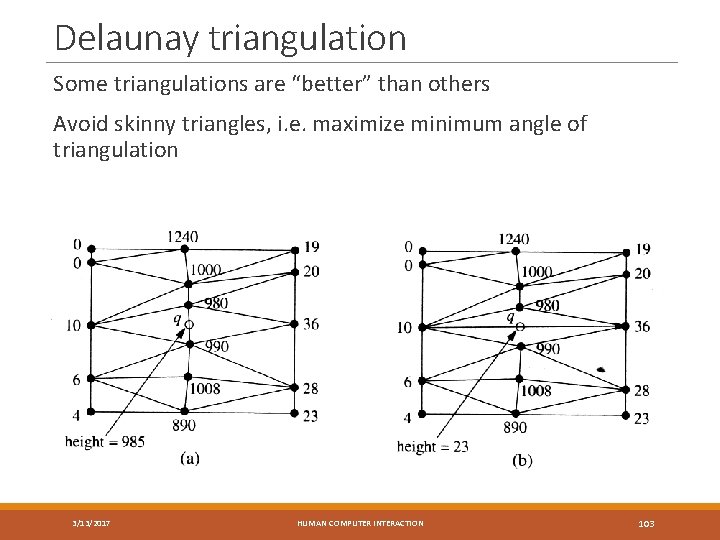 Delaunay triangulation Some triangulations are “better” than others Avoid skinny triangles, i. e. maximize