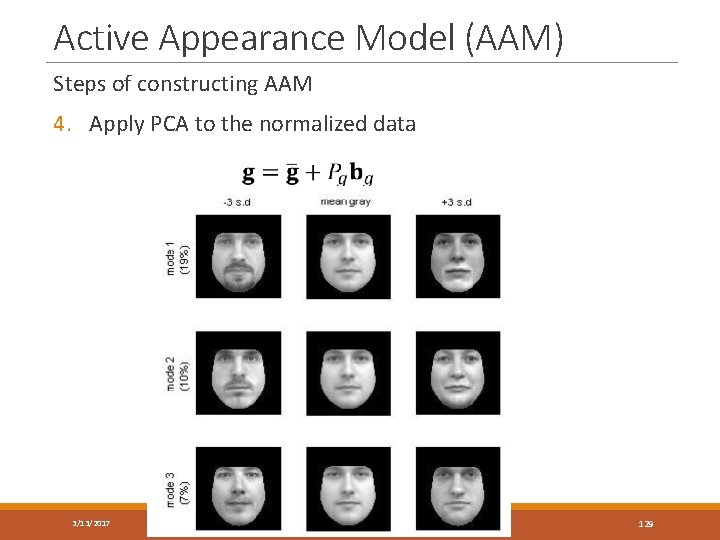 Active Appearance Model (AAM) Steps of constructing AAM 4. Apply PCA to the normalized